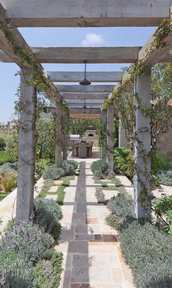 Les lavandes tapissent la tonnelle de cette tonnelle et apportent une ambiance provençale à l'architecture de la maison