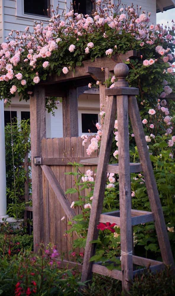 Des roses roses pour cette tonnelle rustique. Un bon choix pour une entrée de ferme