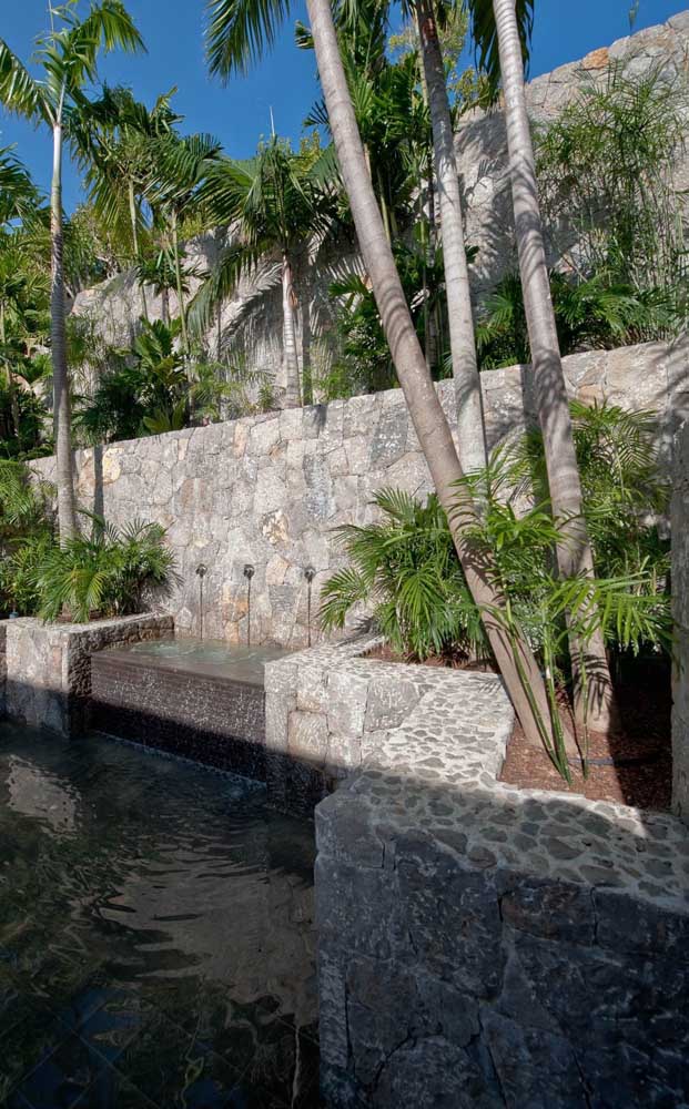 Ici, le mur de pierre moderne a gagné un climat tropical avec des palmiers.