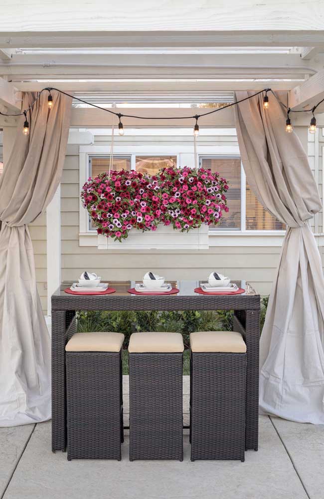 Ici, les pétunias roses, rouges et lilas forment une belle toile de fond derrière la table à manger