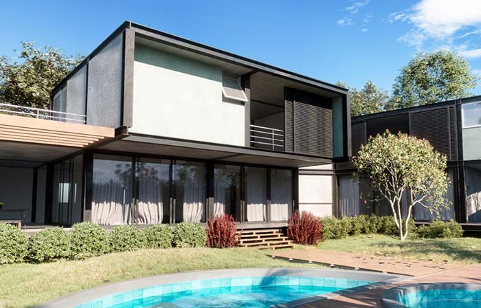 Maison en métal avec murs en verre